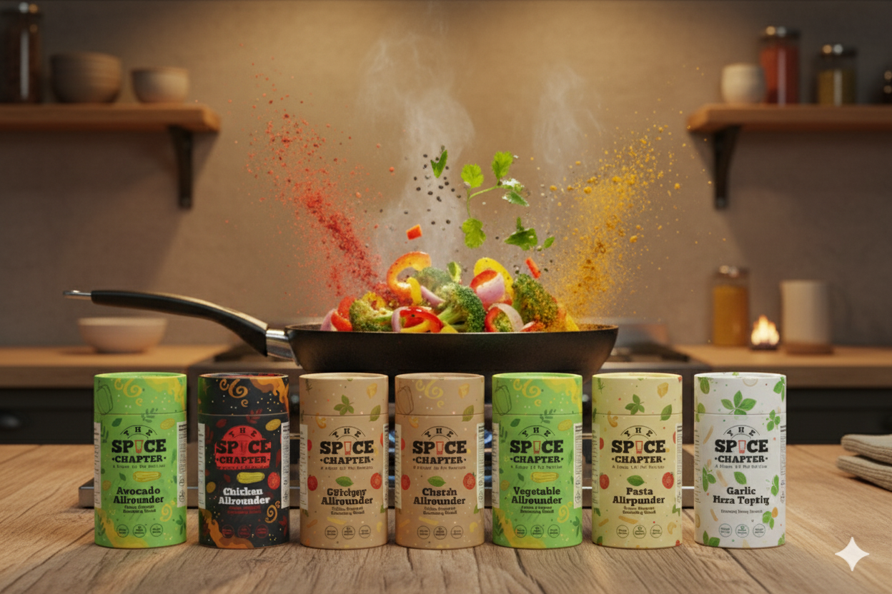 Kitchen shelf showcasing all the product ranges of the spice chapter TSC
