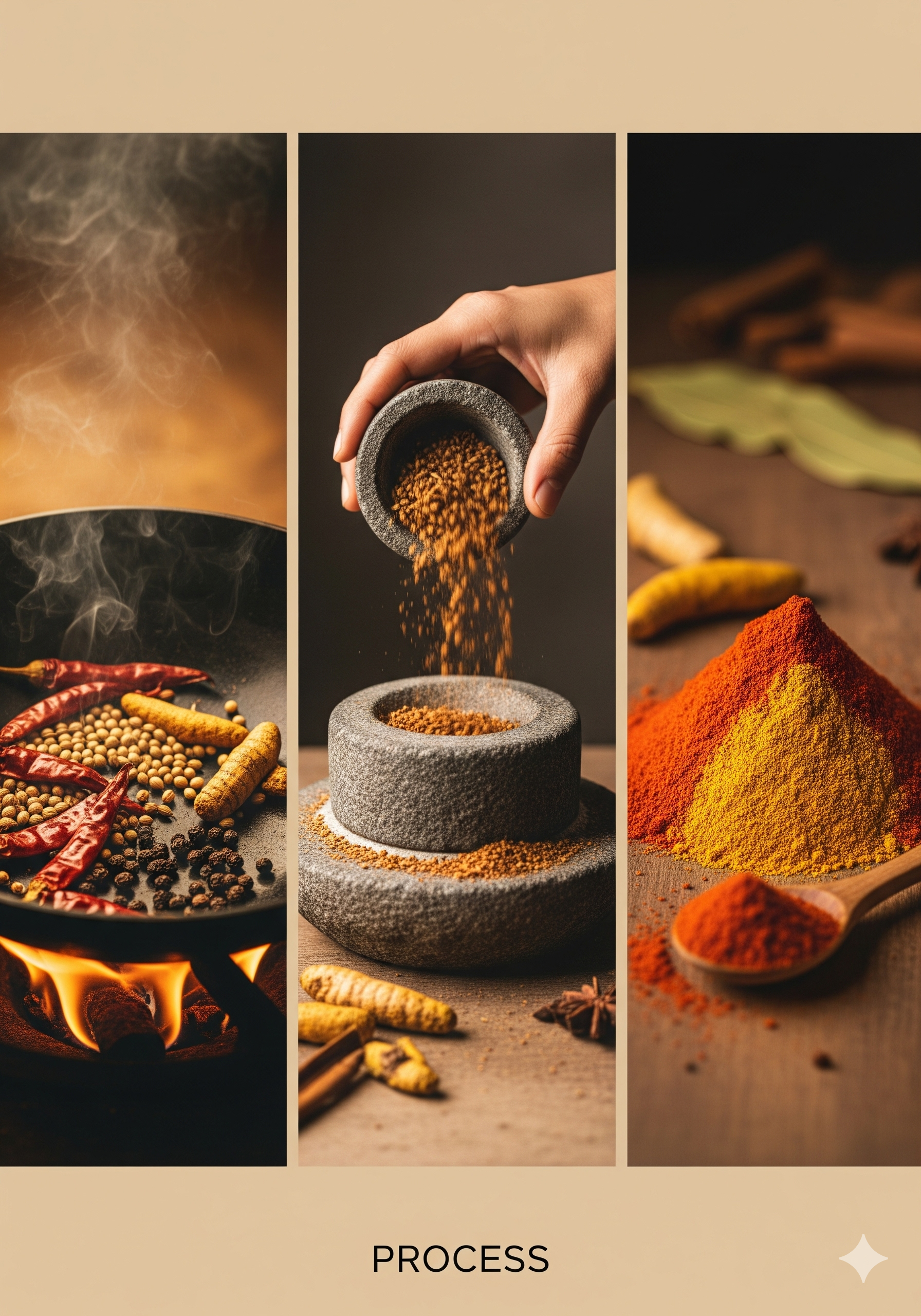 A three-panel image showing the spice-making process. The first panel shows red chilies, coriander seeds, and other spices being roasted in a traditional pan over a fire. The middle panel shows a hand pouring the roasted spices into a stone grinder. The final panel shows three neat piles of vivid red, yellow, and earthy brown ground spice powders, symbolizing the finished product. The image has warm, earthy tones and an authentic, premium feel.