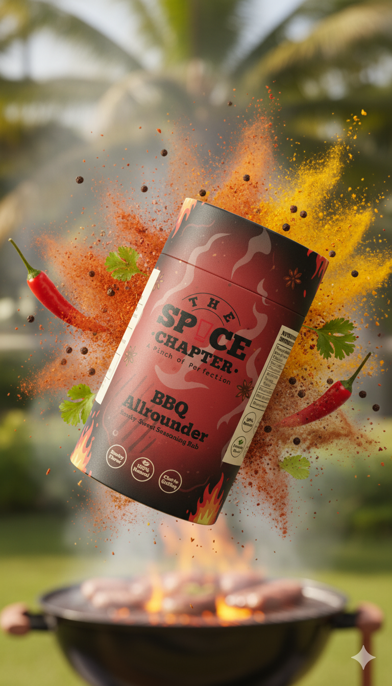 The Spice Chapter: BBQ Allrounder is a smoky and fiery seasoning rub, expertly crafted to elevate your BBQ and grilling experience. Made from a premium blend of natural, authentic Indian spices, this versatile rub brings bold, complex flavors to meats, vegetables, and more. A true pinch of perfection, designed for the modern griller.